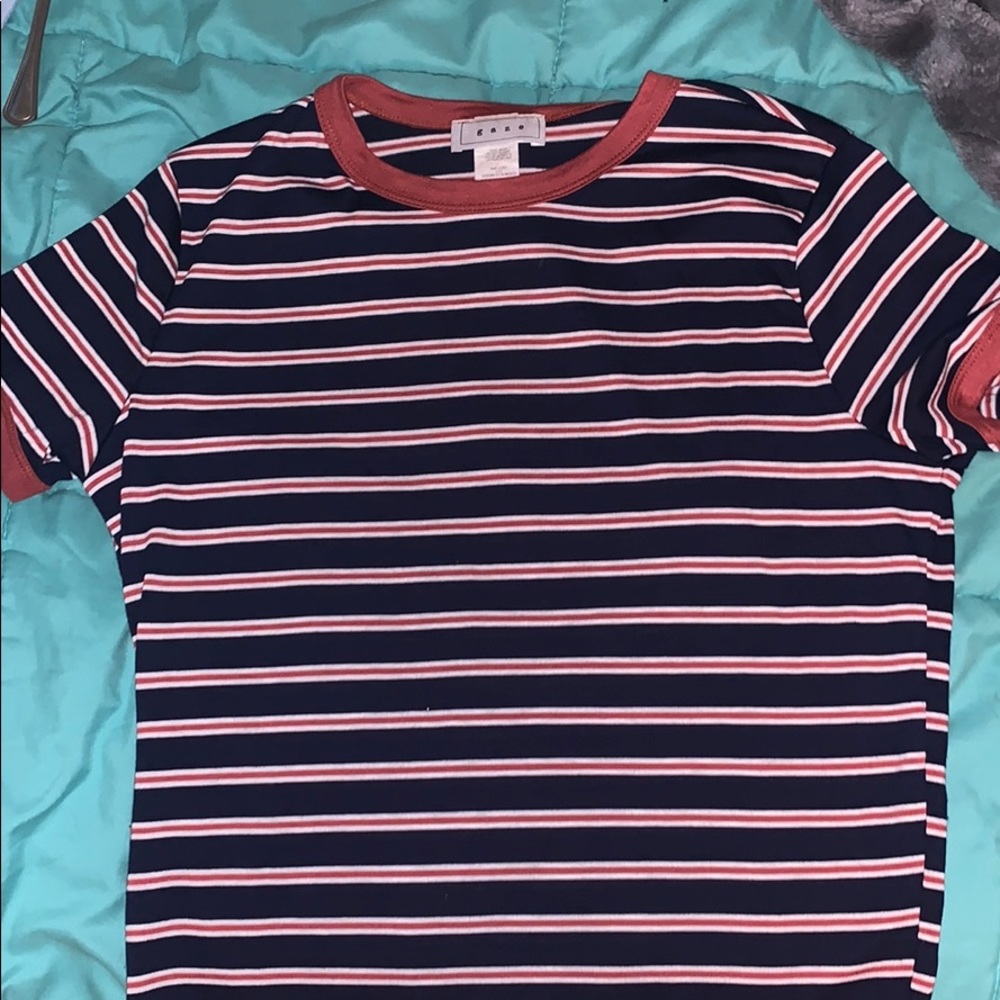 a striped navy blue and topaz shirt